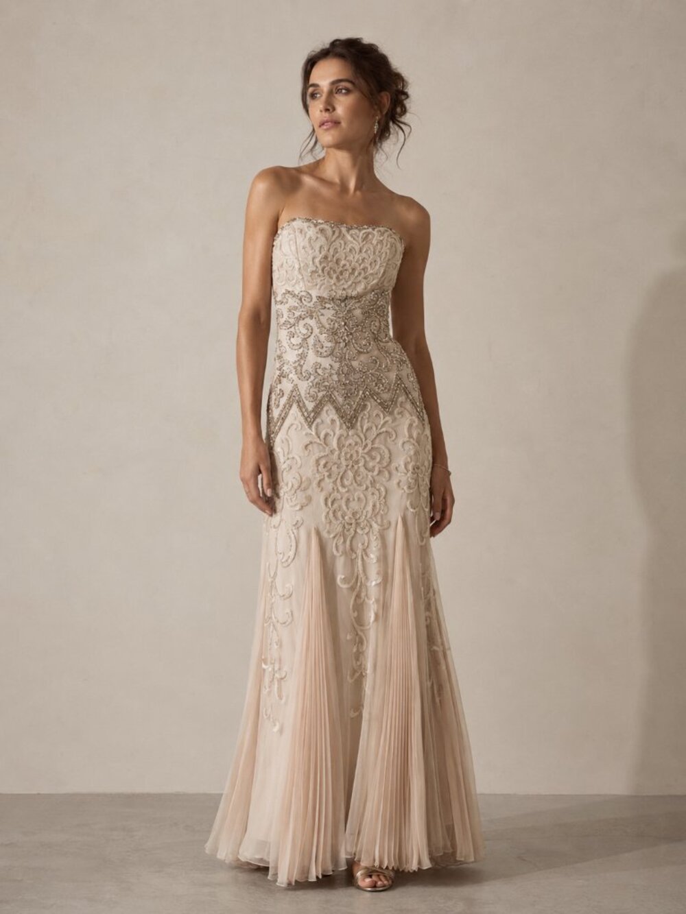 Vintage Sue Wong Champagne Ivory Embellished Strapless Pleated Evening Gown
